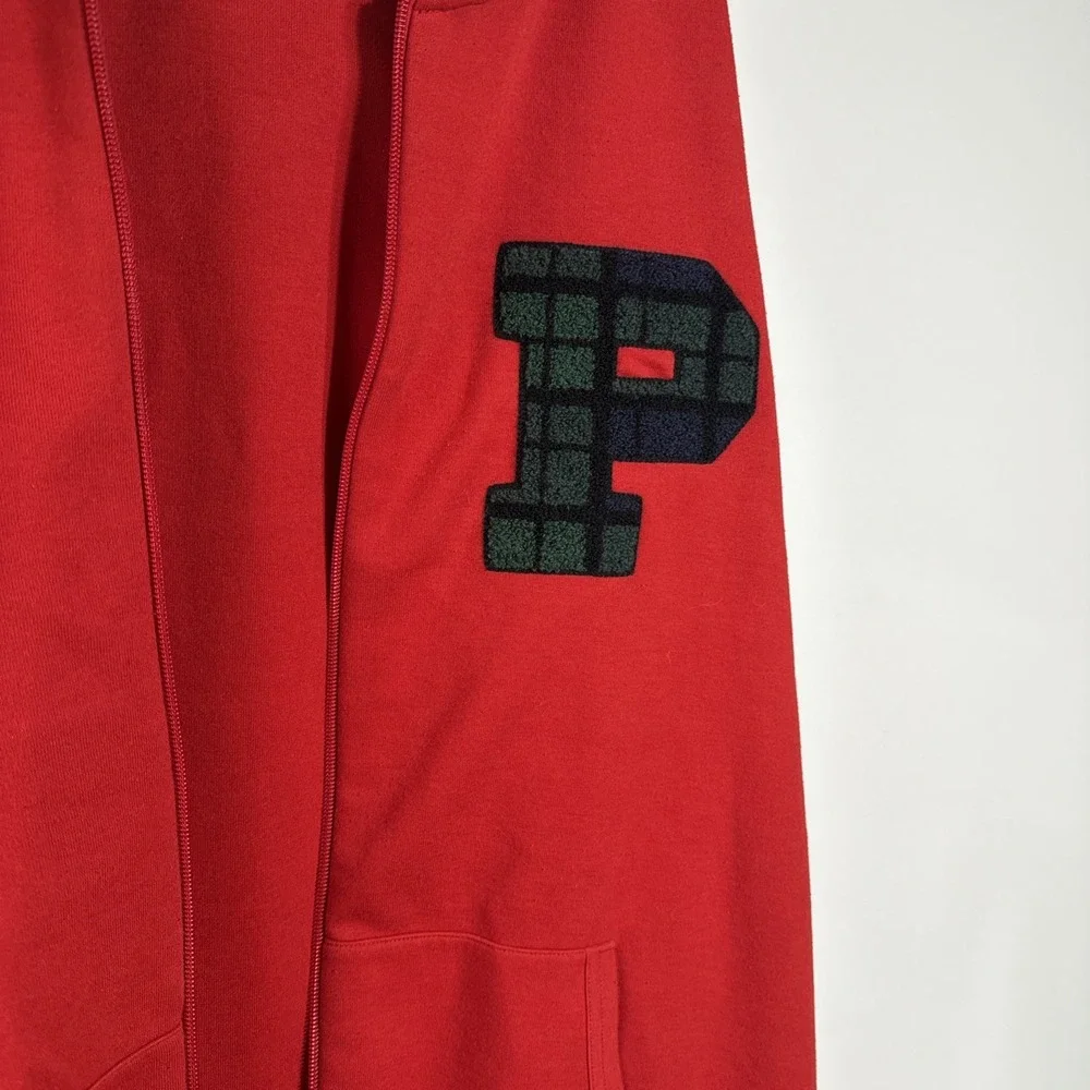 POLO RALPH LAUREN CHENILLE BLACKWATCH P PATCH XL FULL ZIP HOODIE RED Varsity
